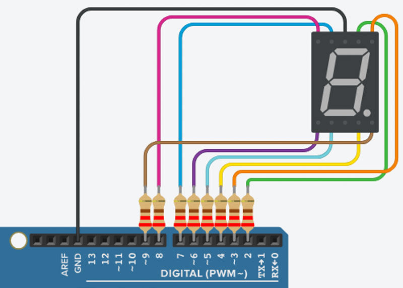 Схема підключення семисегментного індикатора із загальним катодом до Arduino