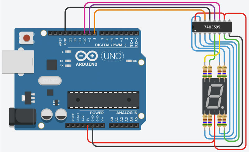 Схема підключення до Arduino індикатора із загальним анодом через регістр зсуву 74HC595