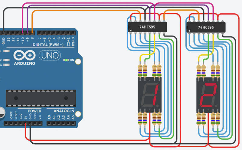 Схема підключення двох семисегментних індикаторів до Arduino через регістри зсуву